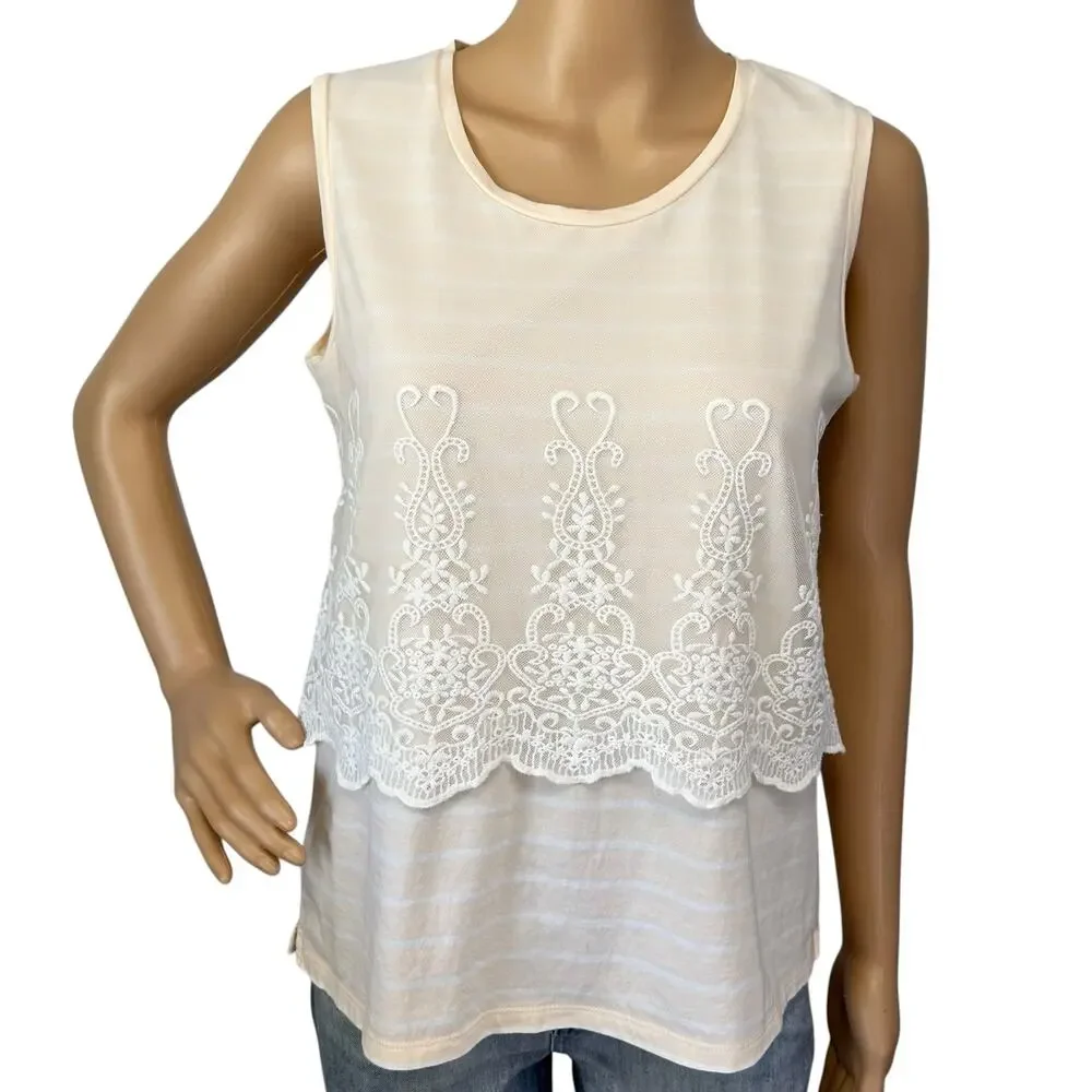 J. Crew Embroidered Overlay Striped Tank Top Peach Cream J2969 Size S